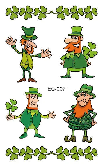 A single sheet of tattoo sticker paper featuring a green cartoon clover design for St. Patrick's Day, showing the water-transfer backing.