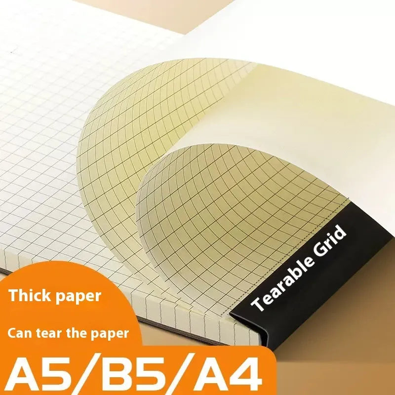 Set of A4, A5, and B5 writing pads showing blank, grid, and lined page options.