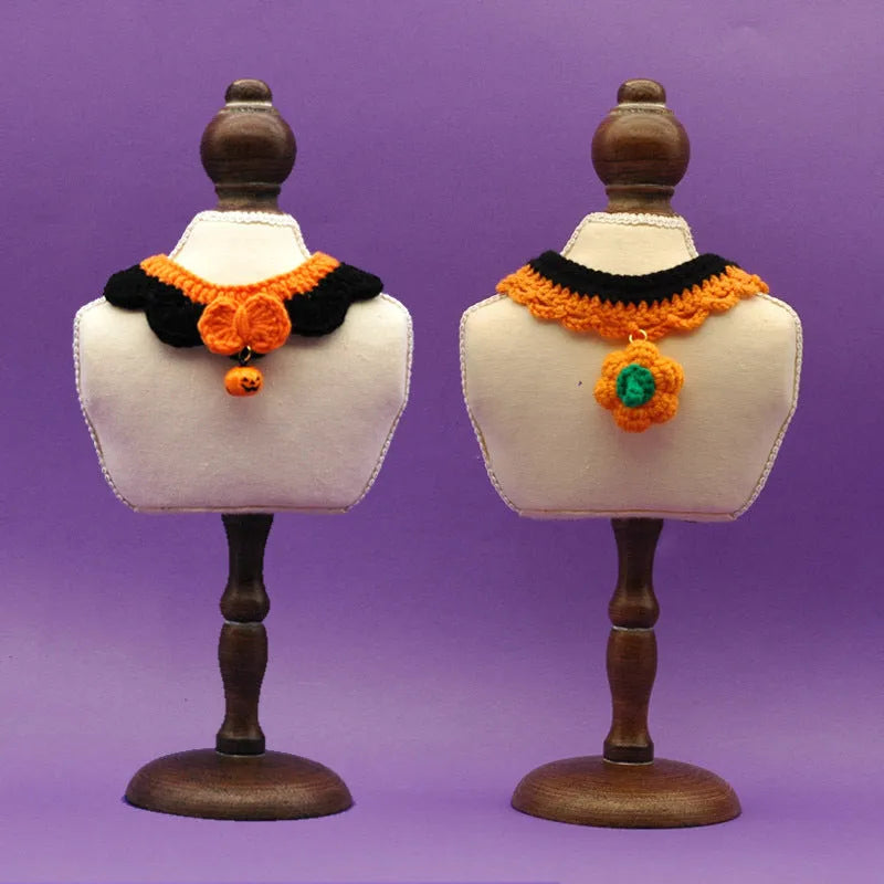 Hand-crocheted wool Halloween pet collar in pumpkin colours with adjustable sizing for cats and dogs