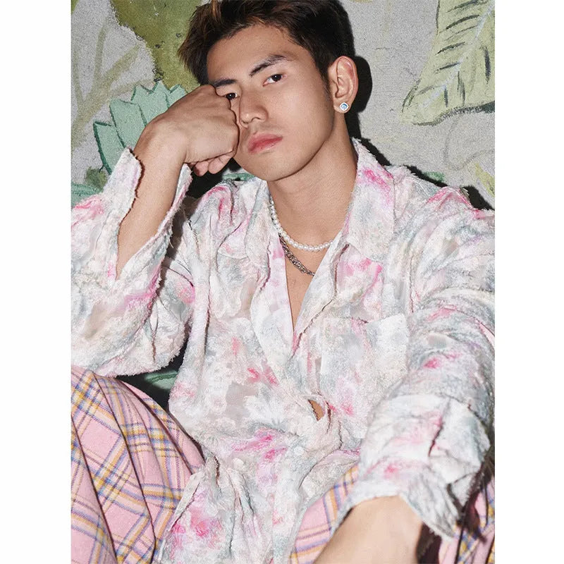 Women's pink floral long sleeve shirt with embossed pattern and loose fit