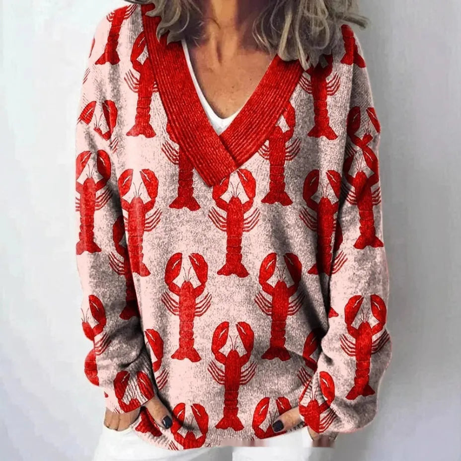 Women's V-neck sweatshirt with 3D floral pattern print in polyester fabric