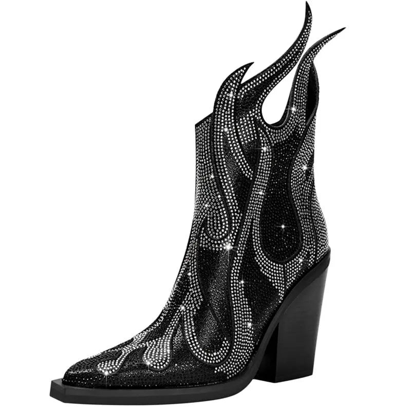 Women's square toe chunky heel Martin boots with rhinestone flame decoration, black colour, side zipper, rubber sole