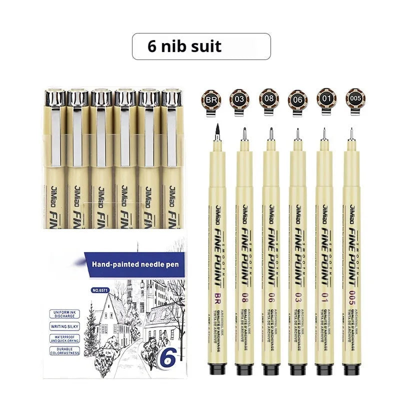 Waterproof needle pen with hand-drawn cartoon syringe design, black ink, 133mm length.