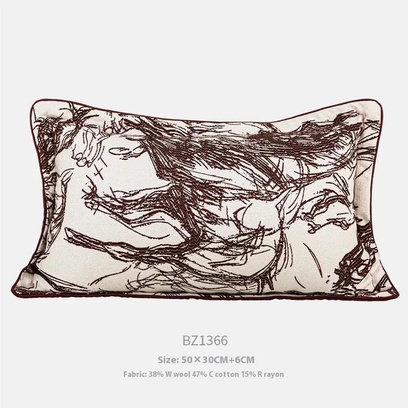 Modern abstract golden horse design on a jacquard weave square decorative cushion pillow.