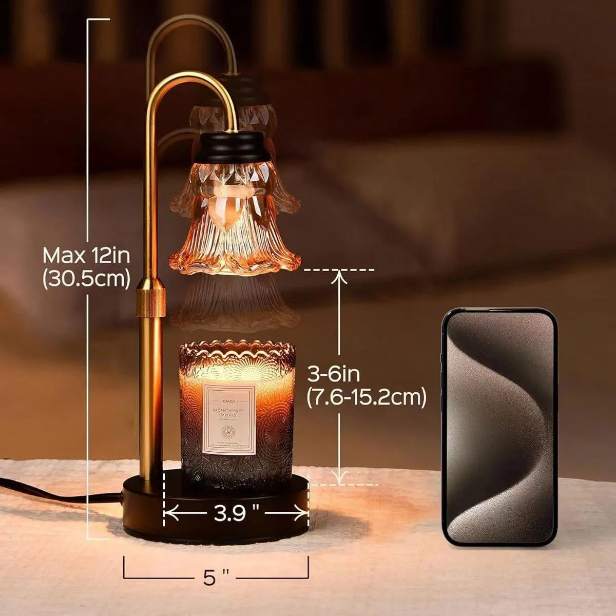 Bamboo aromatherapy wax melting lamp showing 30.5cm height with UK plug
