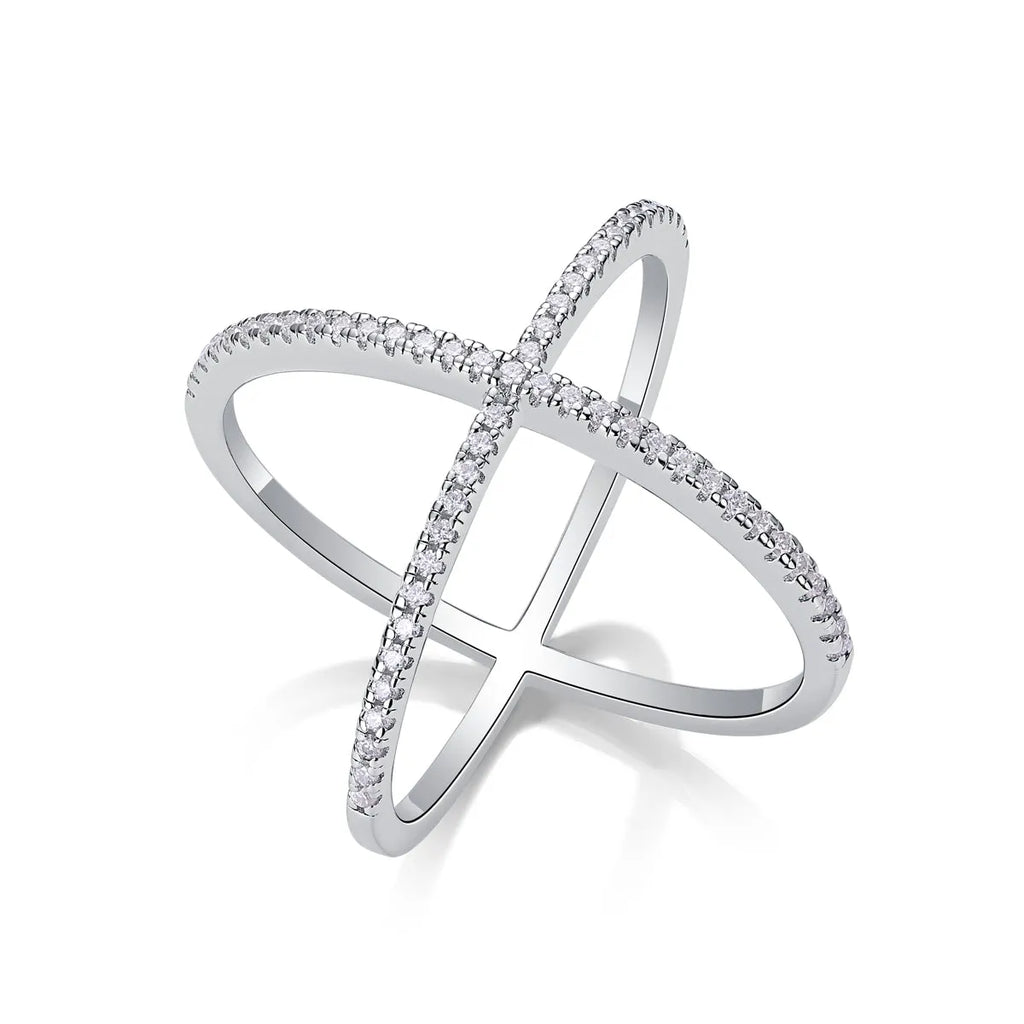 X-shaped heart moissanite ring set in S925 silver with platinum-plated gold colour, sizes 5 to 9, gift box