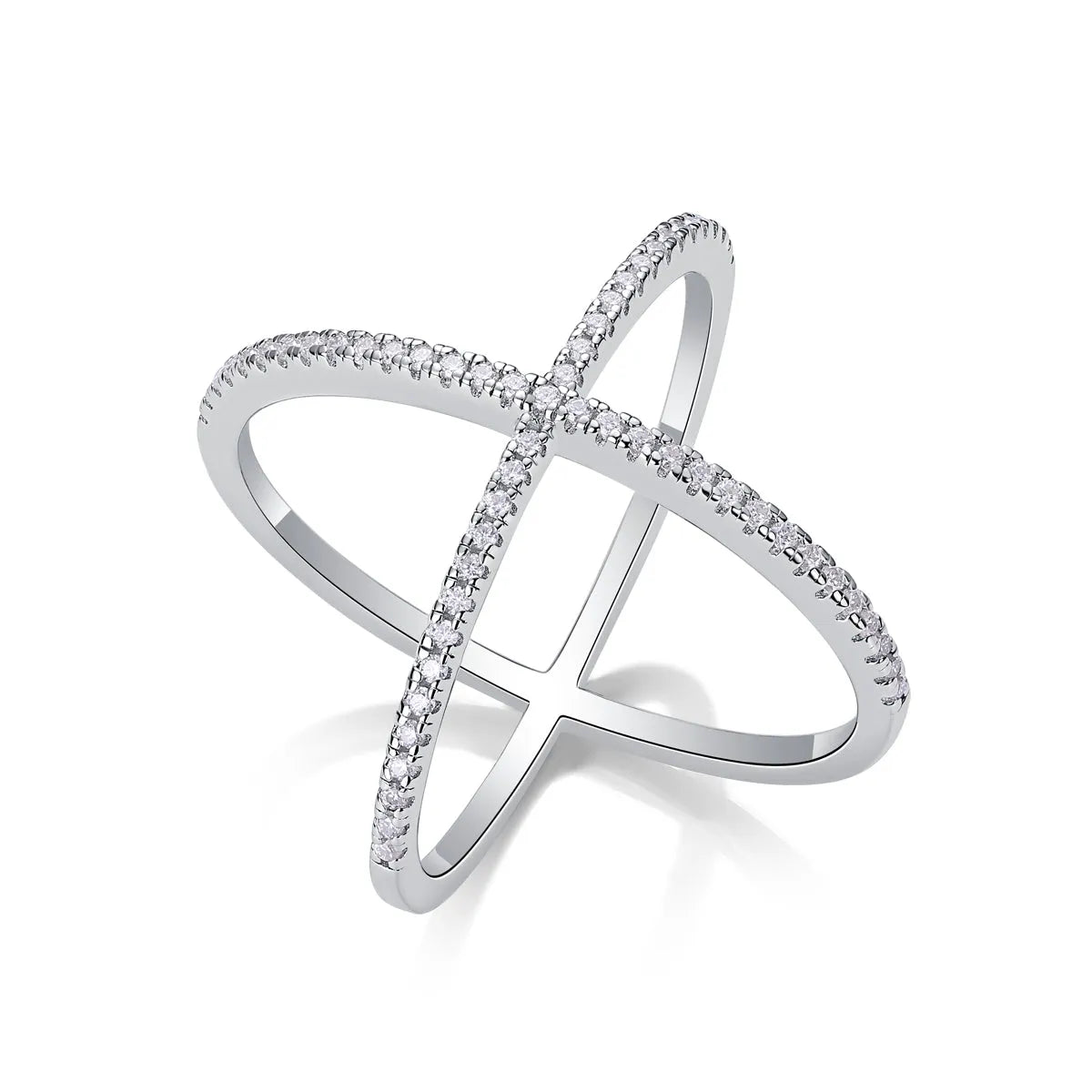 X-shaped heart moissanite ring set in S925 silver with platinum-plated gold colour, sizes 5 to 9, gift box