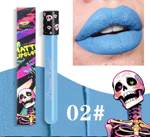 Halloween skull-shaped tube lip gloss in matte gold and silver shades