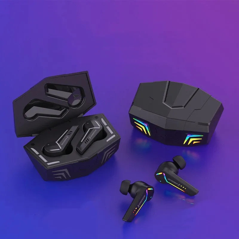 Small black TWS Bluetooth sports headset with low-latency gaming features.