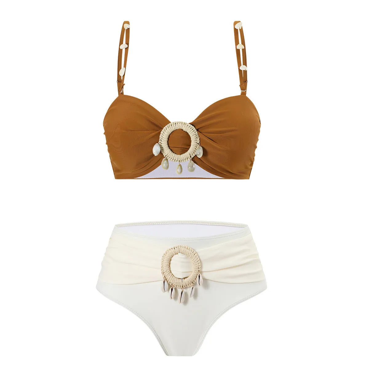 Women's split bikini swimsuit with tassel detail, backless design, nylon and polyester fabric, sizes S to XL