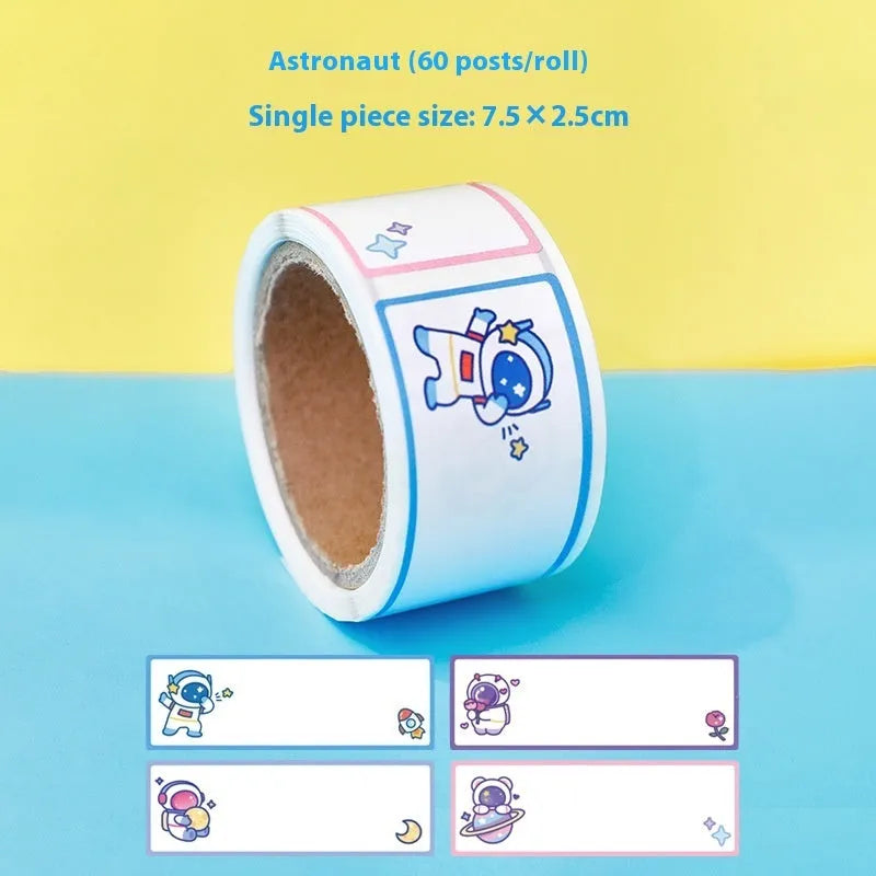 Cartoon tape name stickers in dinosaur, astronaut, rabbit and girl designs with 60 stickers per roll