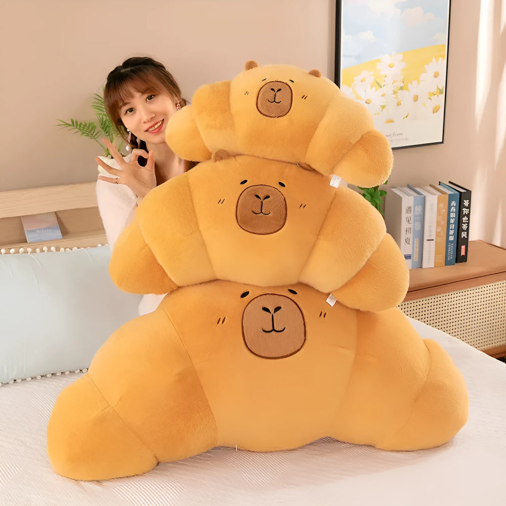 Capybara croissant French stick plush toy in mink velvet, available in sizes from 50cm to 100cm