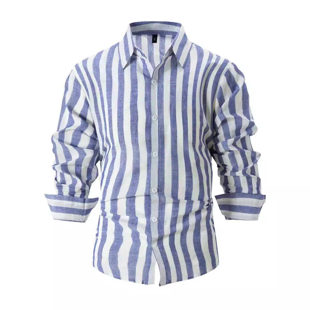 Men's loose-fit striped long-sleeved shirt in British cardigan style, available in light grey, black, pink, dark grey, red, and blue.