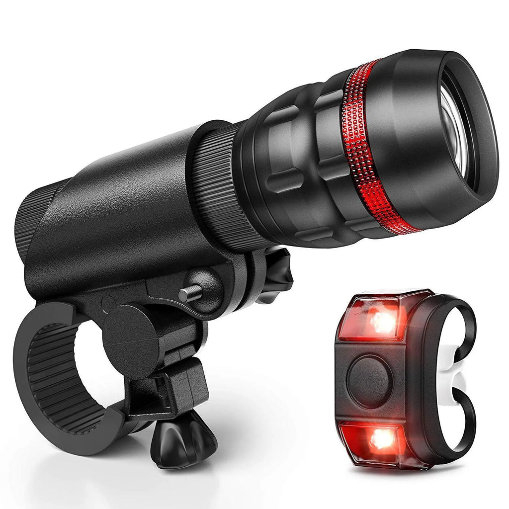 Bicycle headlight and taillight set with a universal handlebar mounting bracket.