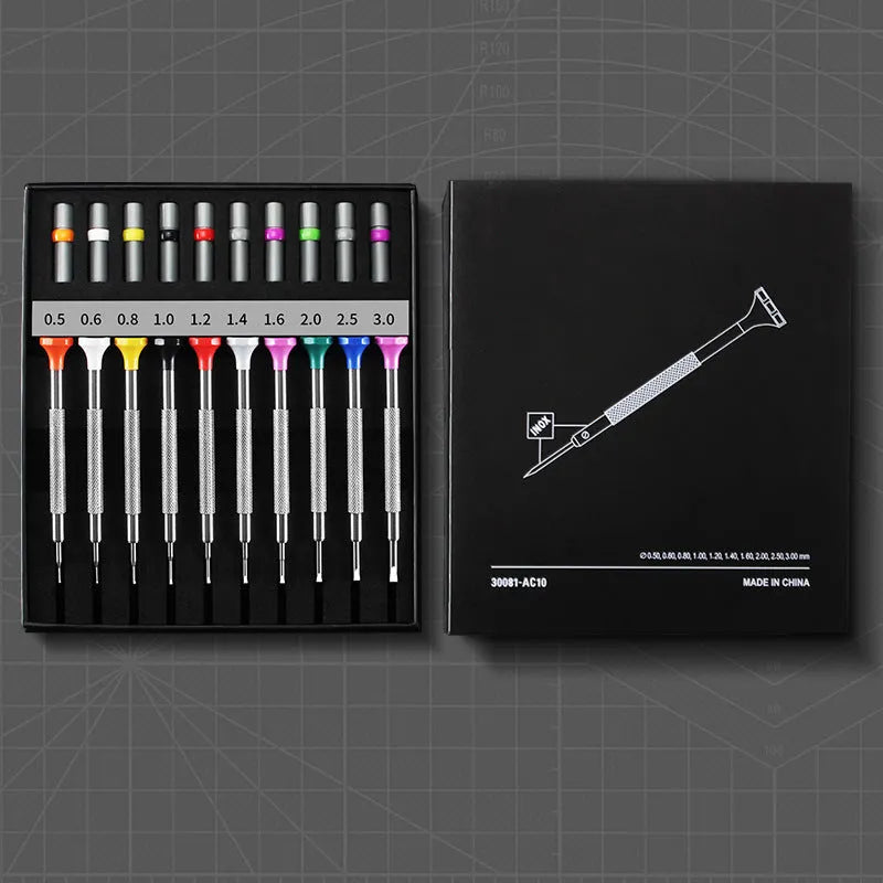 Boxed set of 10 manual screwdrivers and spare bits for watch and glasses repair.