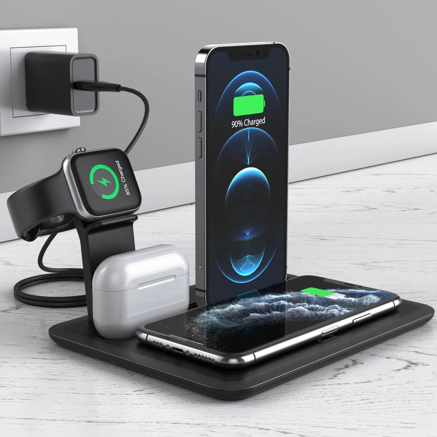Black and white wireless desktop charger for phone, watch, and headphones.