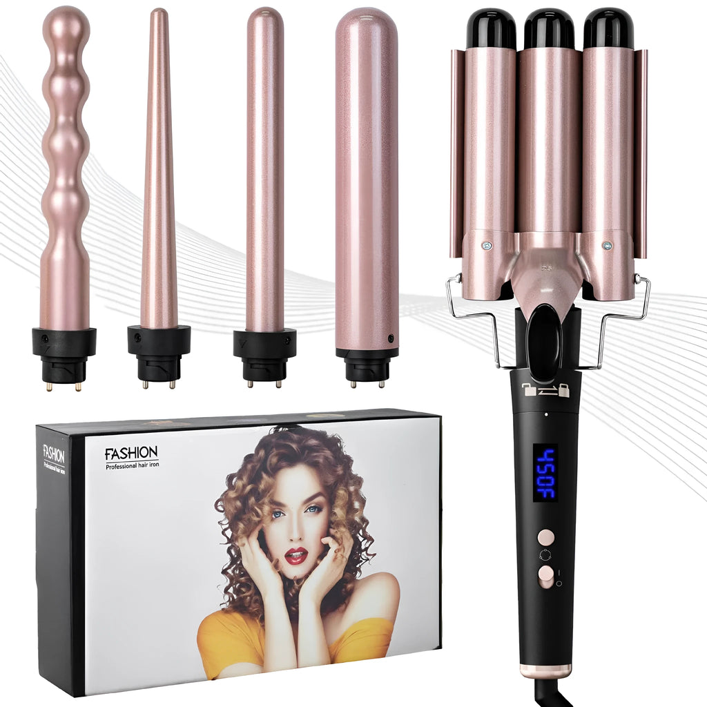 Rose gold five-tube negative ion hair curler with LCD display and protective gloves