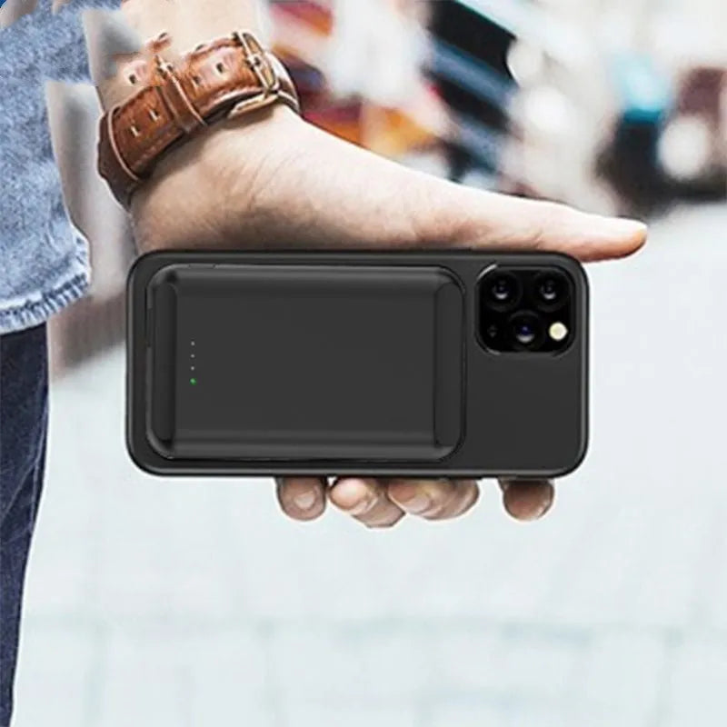 Magnetic wireless power bank in multiple colours showing dimensions 85mm by 55mm.
