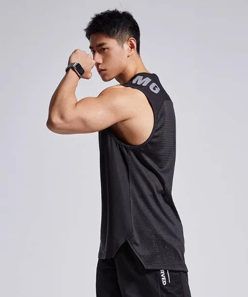 Men's mesh sports vest in black colour showing front and back views
