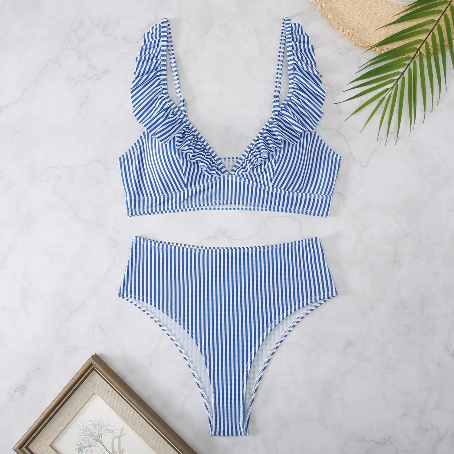 Women's striped split-chest bikini swimwear in polyester fabric with quick-drying properties