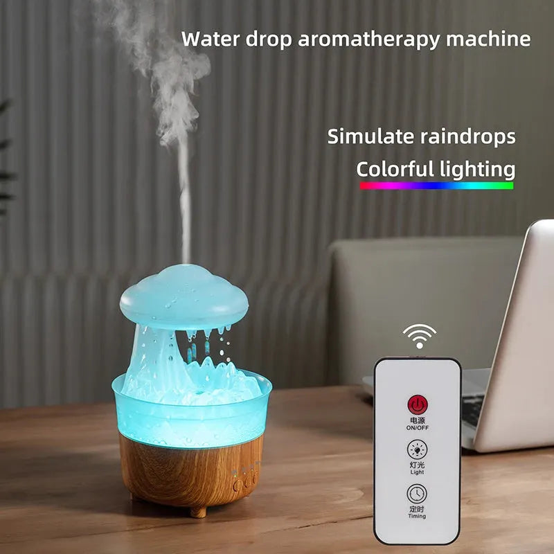 Wood grain white cloud-shaped humidifier diffuser with glowing LED lights and water droplets.
