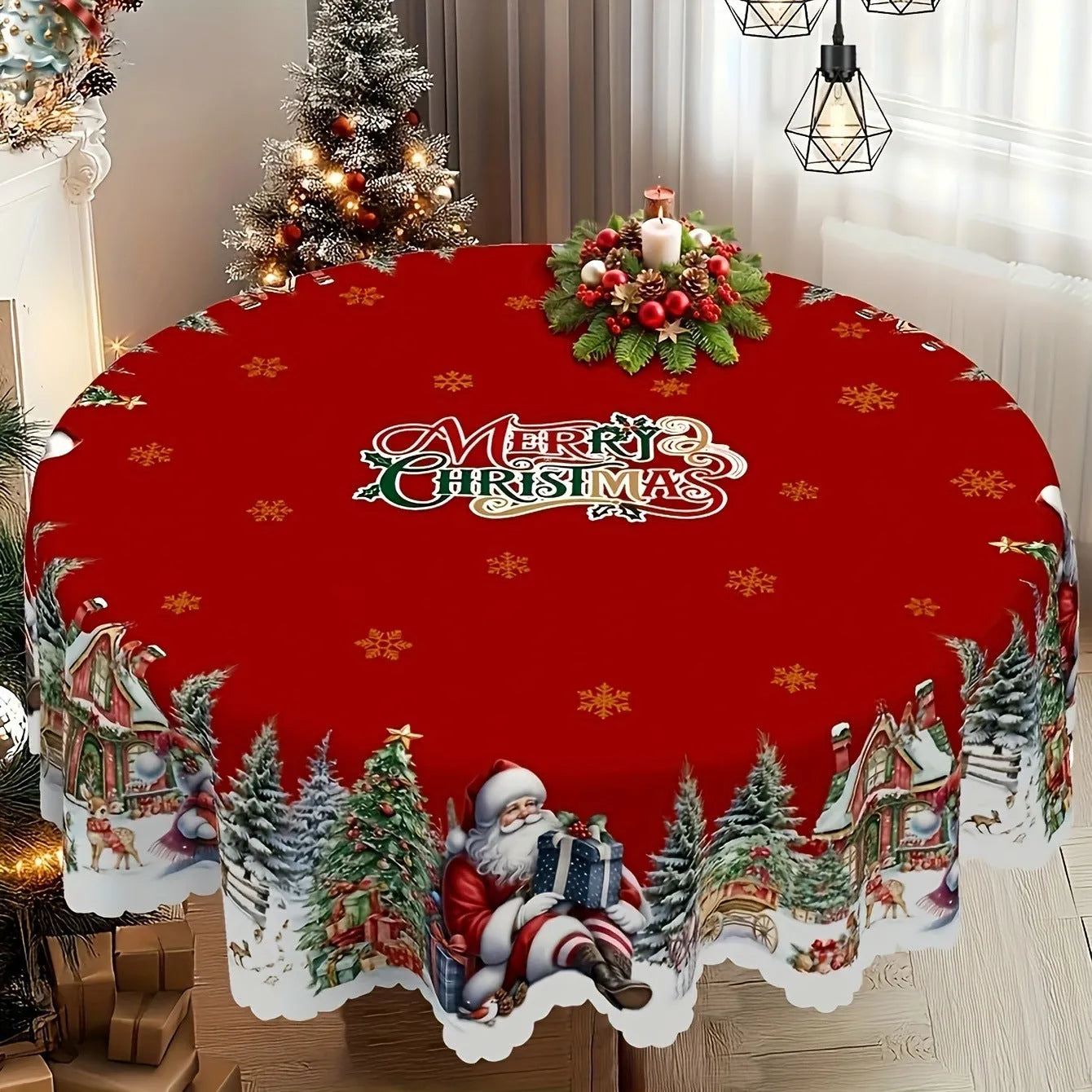 Christmas snowflake Santa Claus polyester tablecloth 152cm round with printed European style design