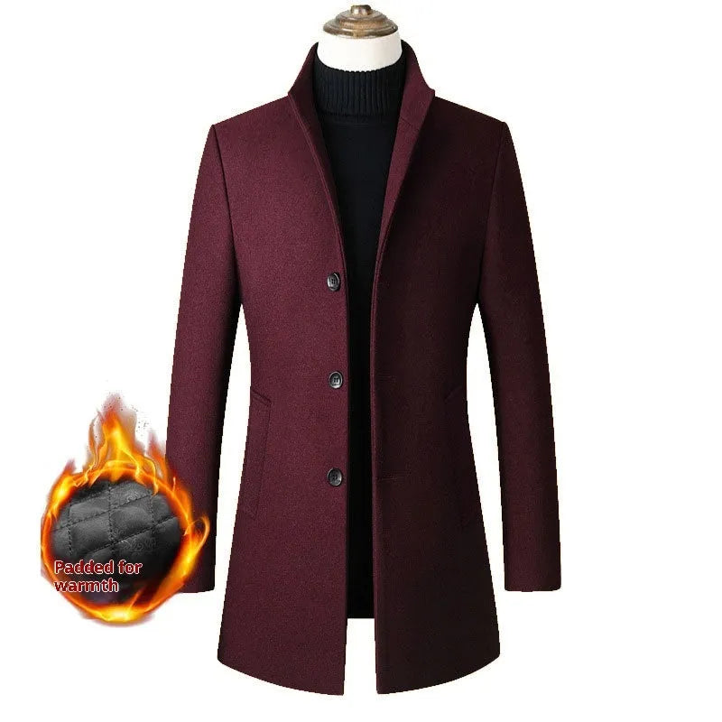 Men's single-breasted stand collar cotton padded wool blend winter trench coat in grey