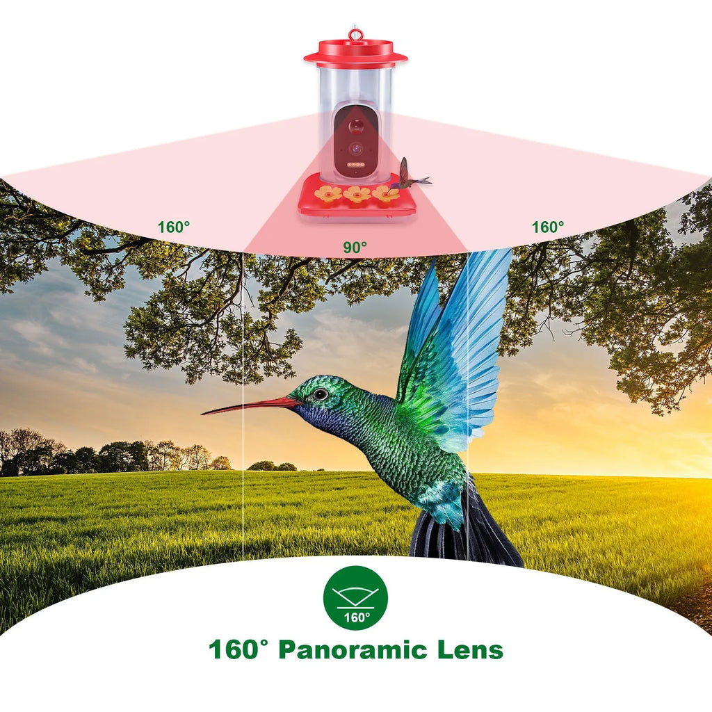 Red intelligent hummingbird water feeder with 5MP HD camera and solar panel mounted outdoors for garden wildlife monitoring
