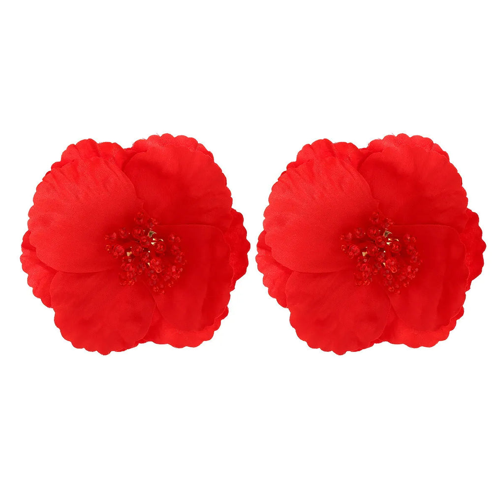 European American exaggerated handmade flower earrings for women, red steel needle pairs, handwoven mixed material floral design