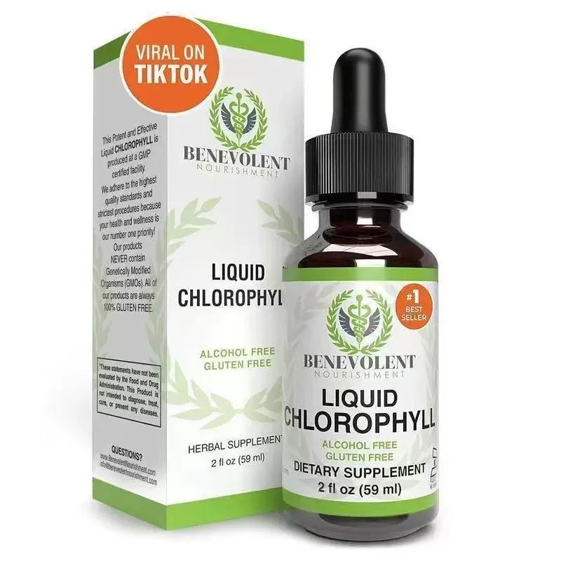 A 60ml bottle of natural liquid chlorophyll drops for adult dietary supplementation.