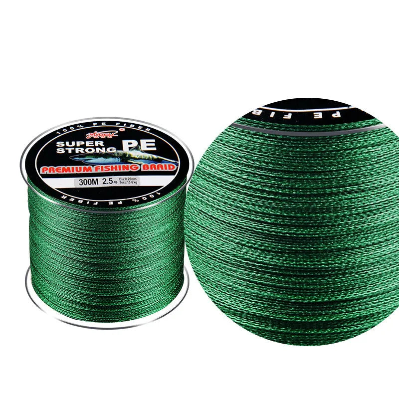 PE 300m 4-strand braided fishing line in multiple colours on a spool