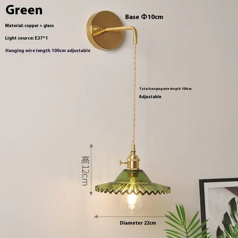 Retro brass lotus wall lamp with glass shade in various colour options