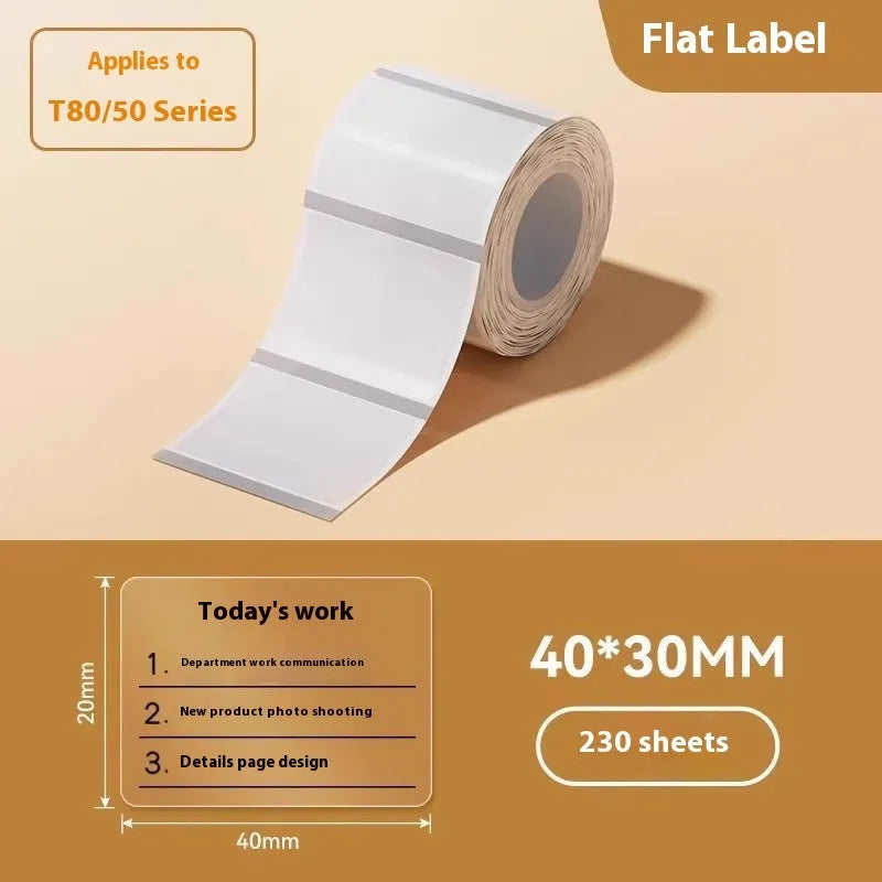 Transparent waterproof adhesive labels in various rectangular and circular sizes on thermal synthetic paper