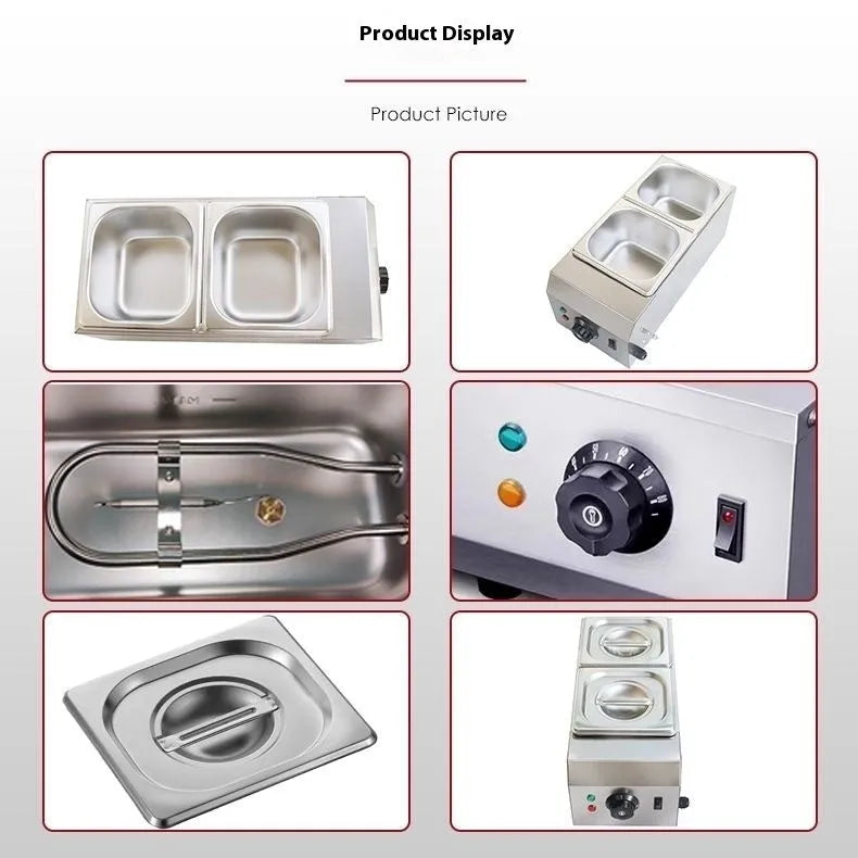 Commercial electric chocolate melting machine with double pot and digital temperature control display.