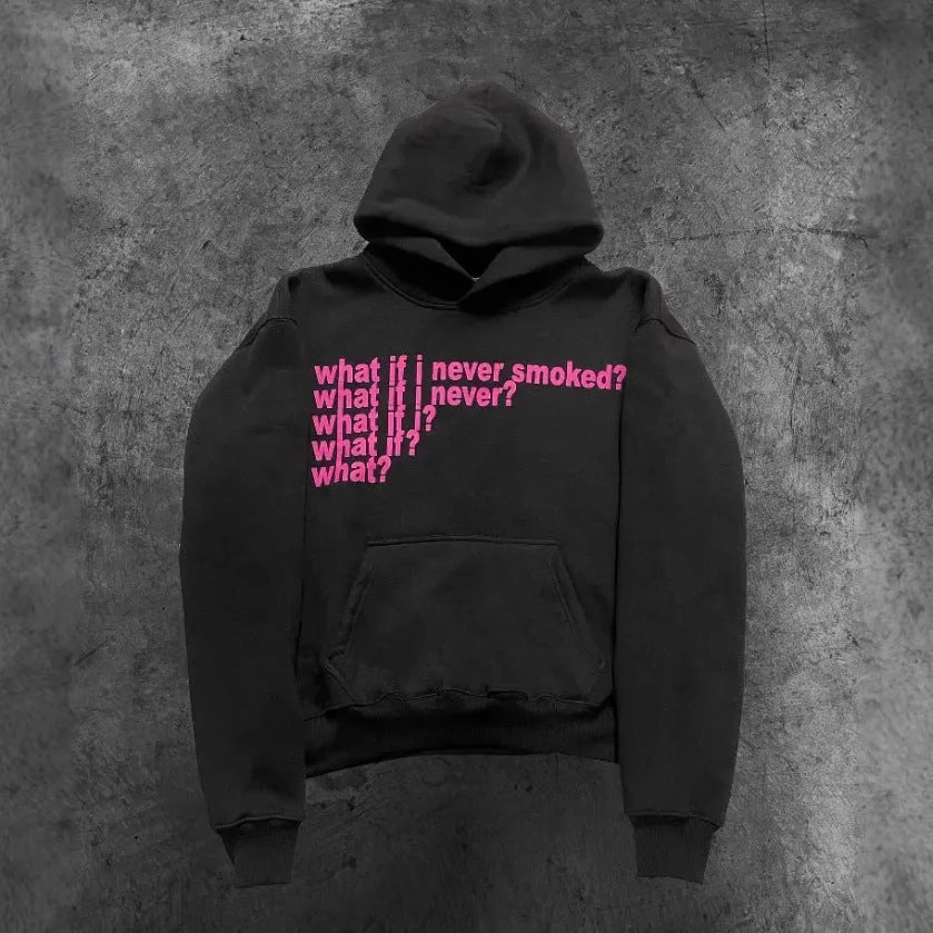 Black hooded pullover sweatshirt with white letter print pattern on the front.
