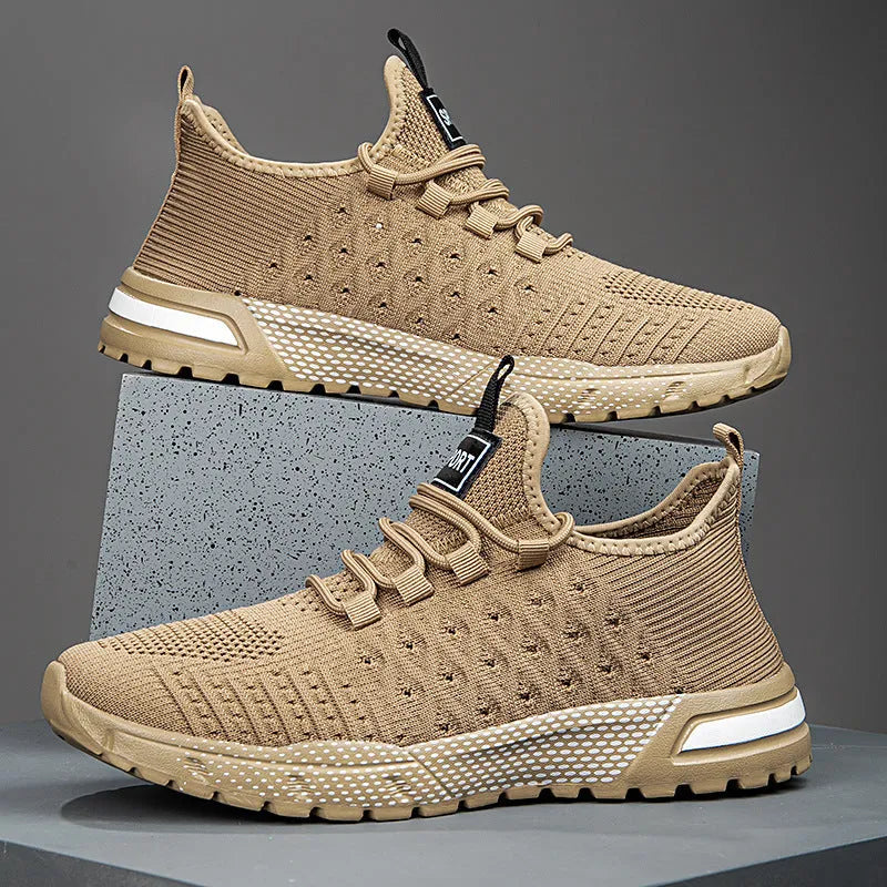 Men's solid colour mesh casual shoes in army green, shown from the side.
