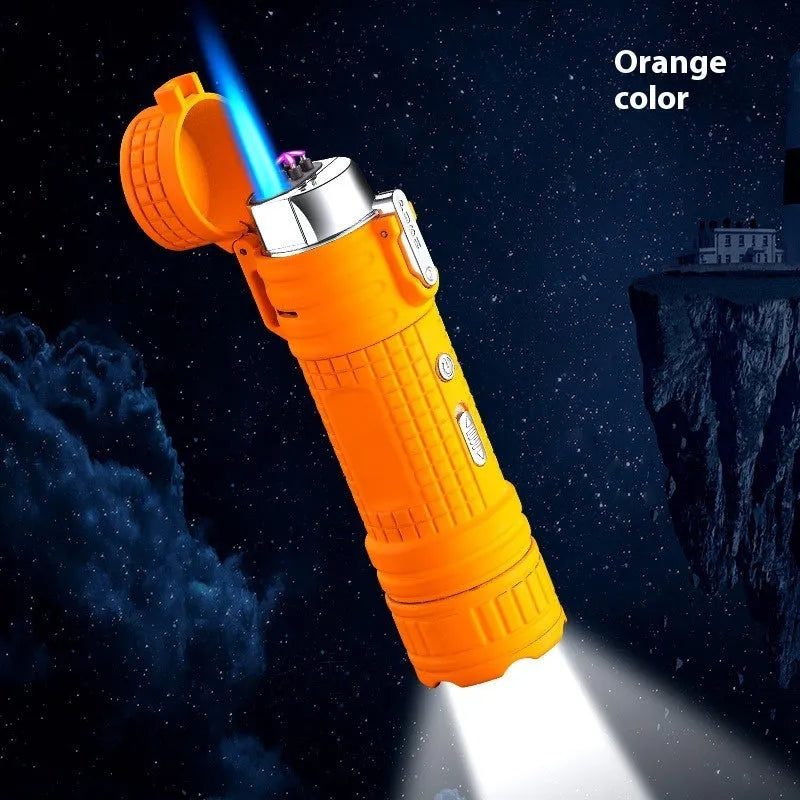 TH727 multi-function metal flashlight lighter shown in camouflage, red, black, blue, and yellow colour options.