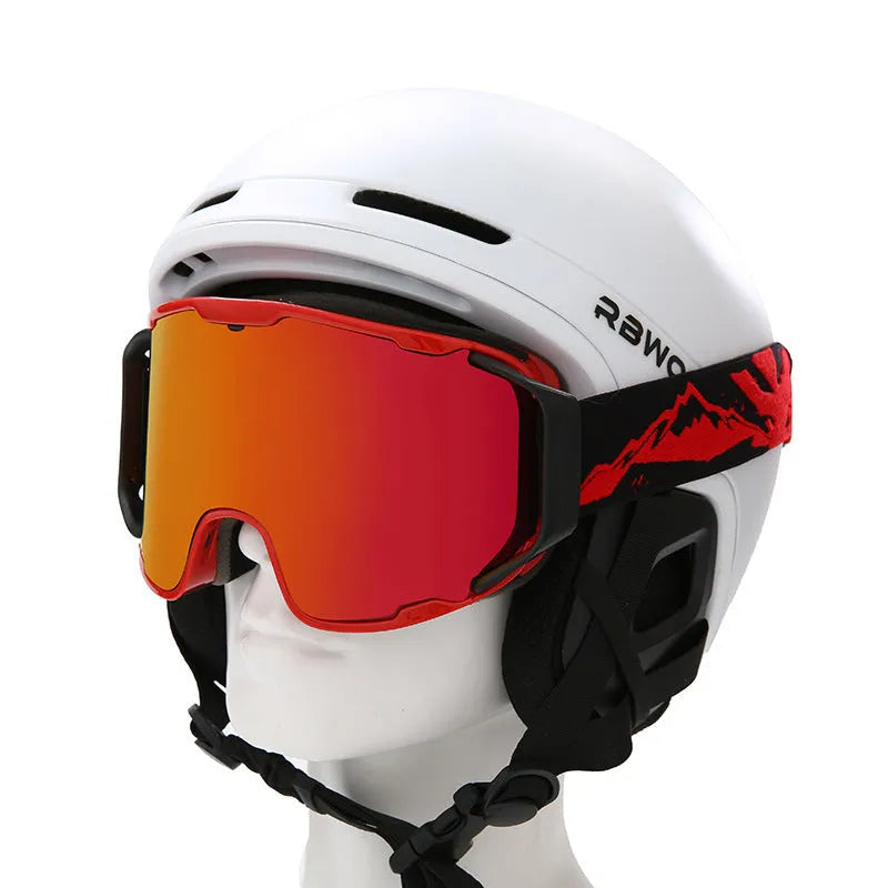 Double-layer anti-fog ski goggles with full real film lens in red, white, orange, black, and blue colour options