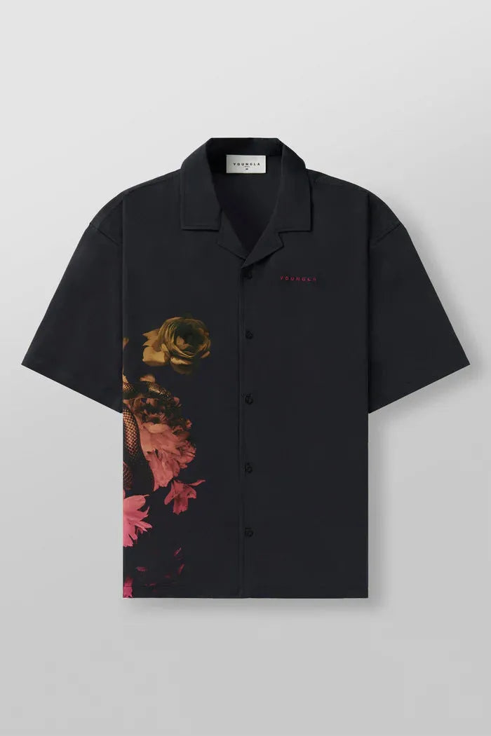 Men's loose floral print short-sleeve casual top in light colour on hanger