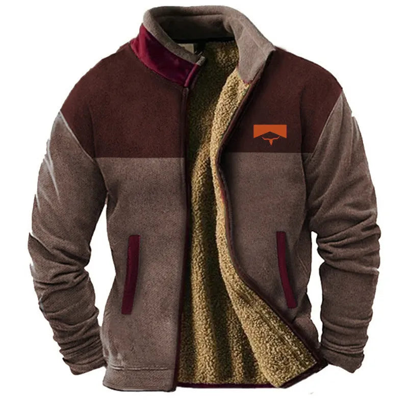 Men's green polyester fleece padded coat on a hanger, showing regular fit and zip front.