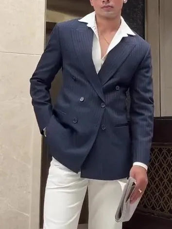 Men's classic striped double breasted blazer on a hanger