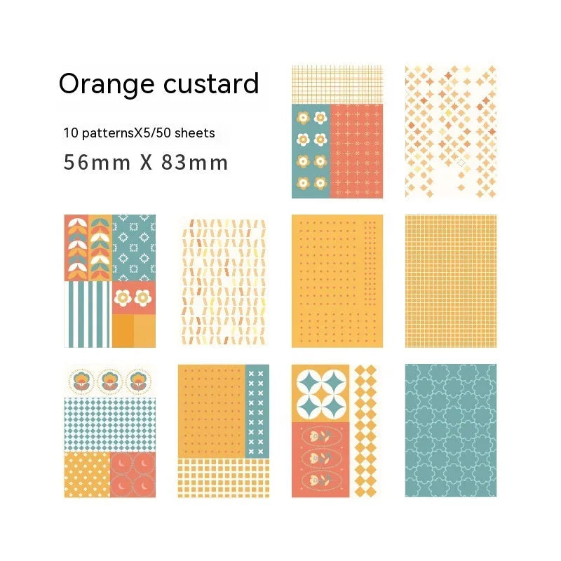 50-piece pack of retro collage dessert-themed note paper in ten colours, size 56mm by 83mm.