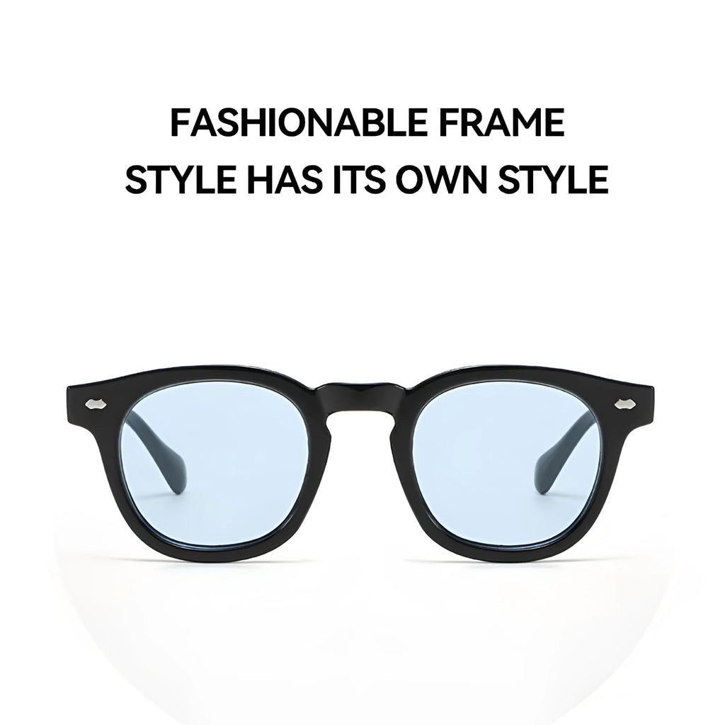 Simple round rim sunglasses with plastic frame and UV400 lenses on a plain background.