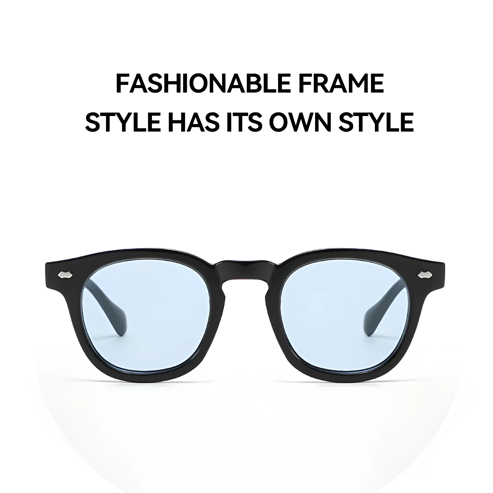 Simple round rim sunglasses with plastic frame and UV400 lenses on a plain background.
