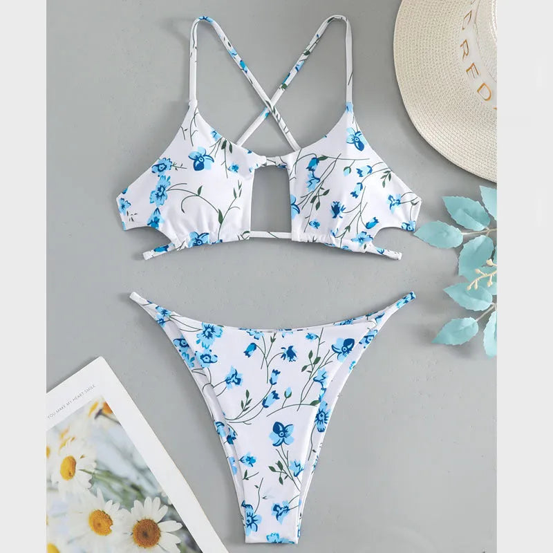 Women's floral pattern swimsuit with tie-neck triangle top and matching shorts
