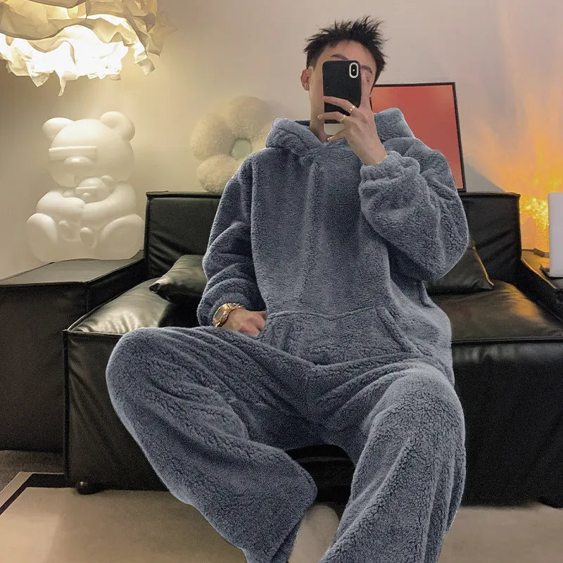 Men's coral fleece suit in gray with top and trousers, Japanese-style casual homewear