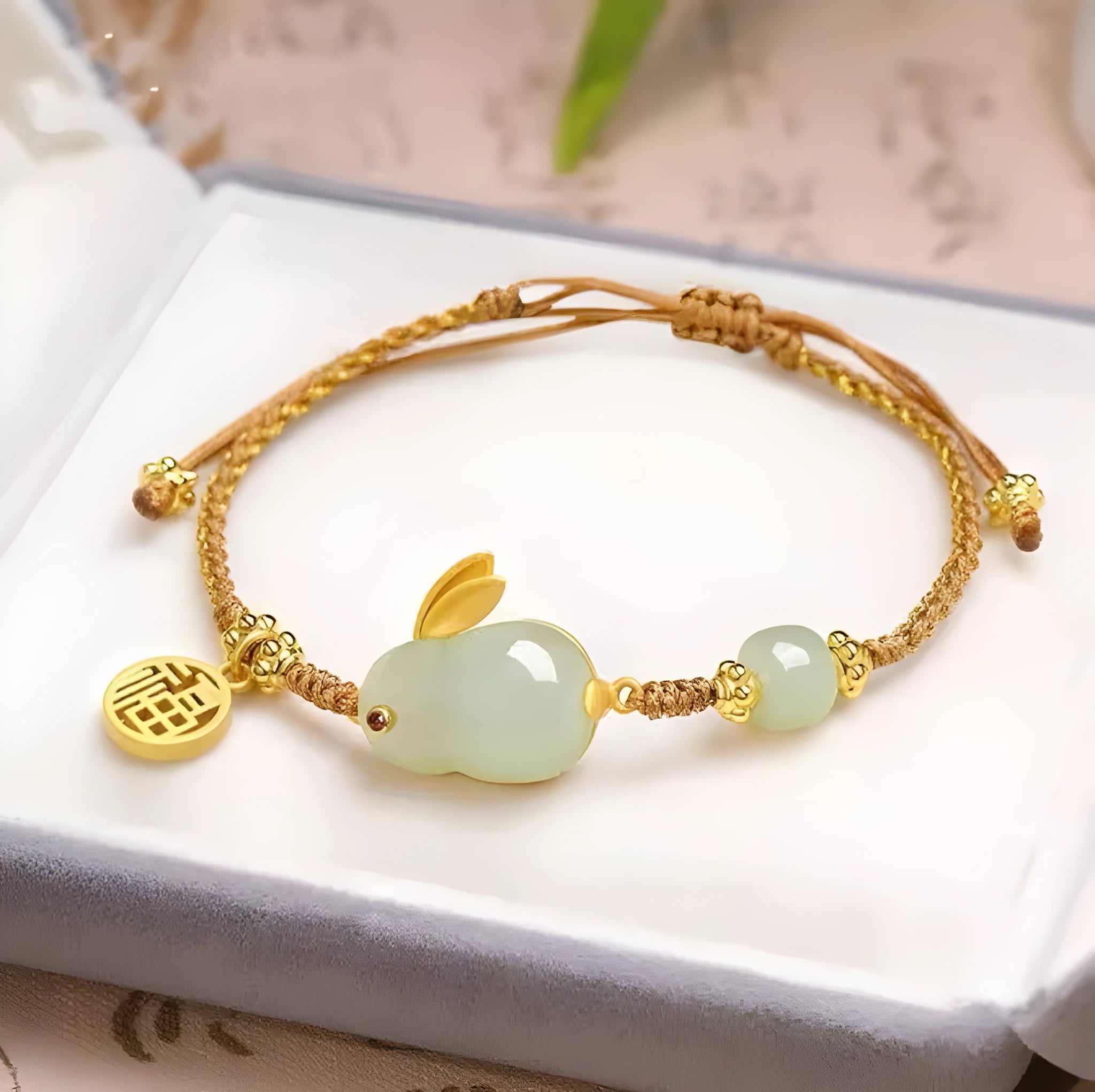 Hetian jade rabbit bracelet with yellow string and geometric charm jewellery for women