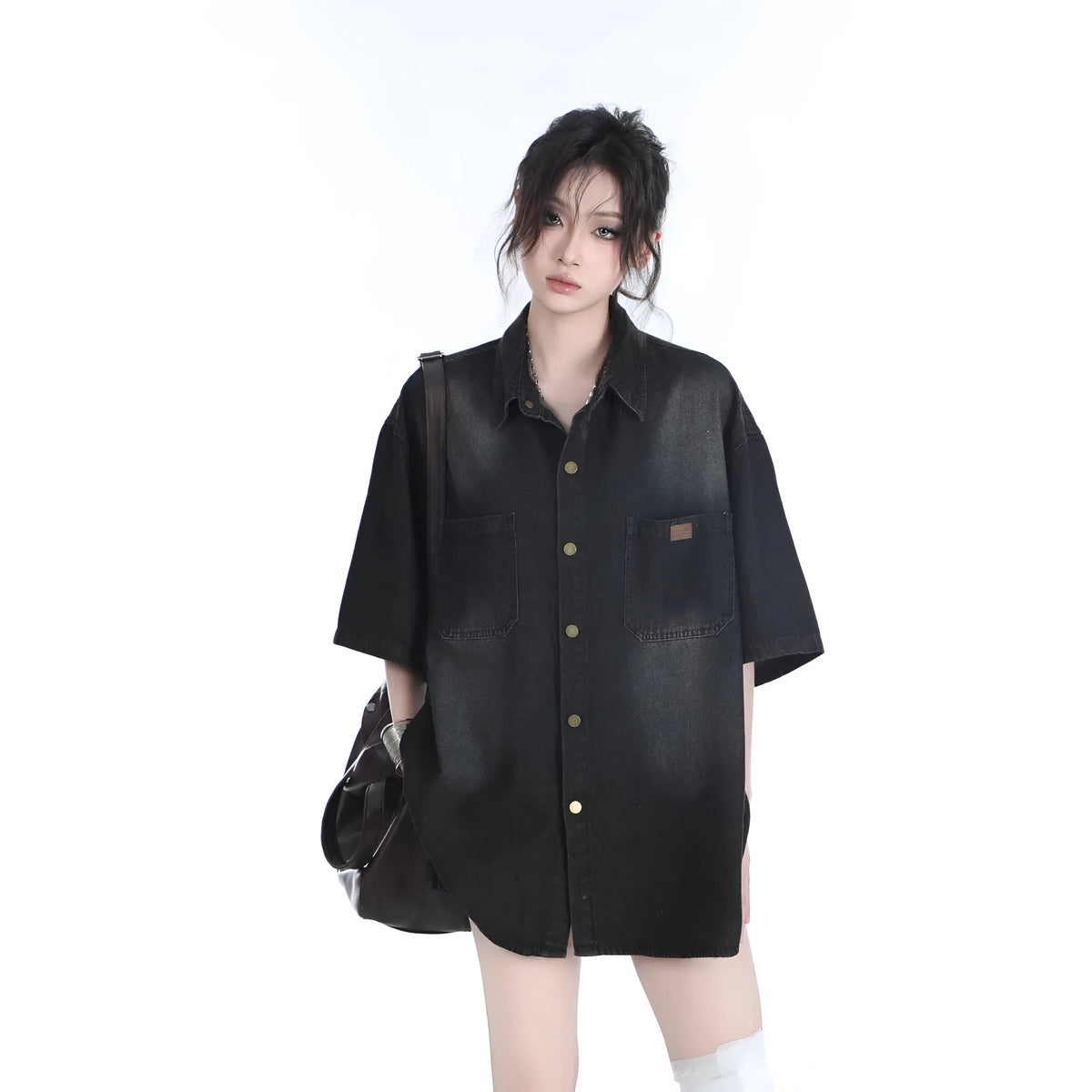 American retro heavy wash denim-look short sleeve colour block top in black or blue, sizes M to 3XL