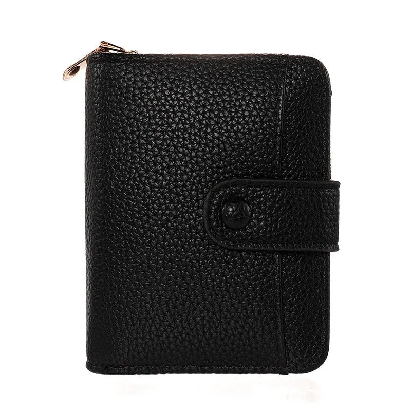 Women's lychee pattern PU short wallet in beige, pink, black, or red with antibacterial lining.