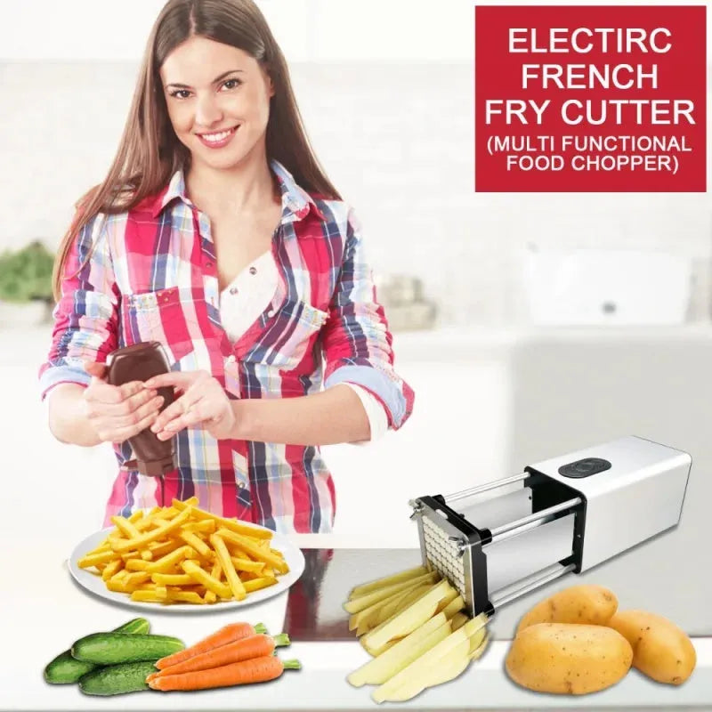 Black electric french fry cutter with stainless steel blades for cutting vegetables into bars